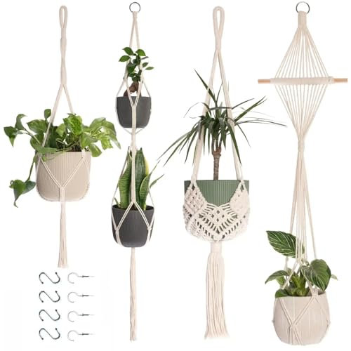 Makramee Blumenampel Hängend Innen, 4er Set Boho Deko Baumwollseil Hängeampel, Hängetopf für Pflanzen, Hängender Blumentopf innen für Wohnzimmer,Außen,Balkon,Fenster,Balkone Wanddekoration (A)