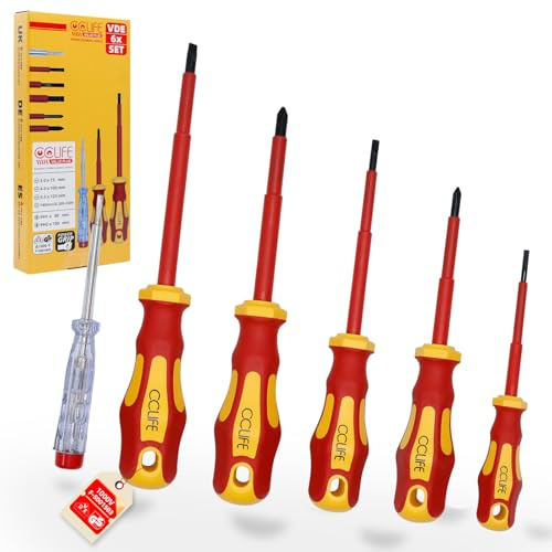CCLIFE VDE Schraubendreher Set 6-tlg 1000V isoliert mit Spannungsprüfer | Mit Schlitz- und Kreuzschlitz PH1/PH2 sowie rutschfestem Griff, ideal für Elektroinstallation und Wartung.
