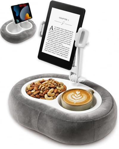Tablet Pillow Stand, Kindle Holder for Reading in Bed, Phone Holder, Grey | 360° Adjustable Viewing Angles, Snack Tray & Cup Holder, Soft Washable Cushion, Fits 5-12.9in Devices for Hands-Free Viewing