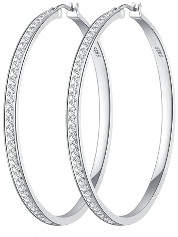 BMMYE Pendientes de aro de diamantes de imitación para mujer, brillantes y grandes, con circonita cúbica para orejas sensibles, no se deslustran, plata de ley/chapado en oro, pendientes con pedrería