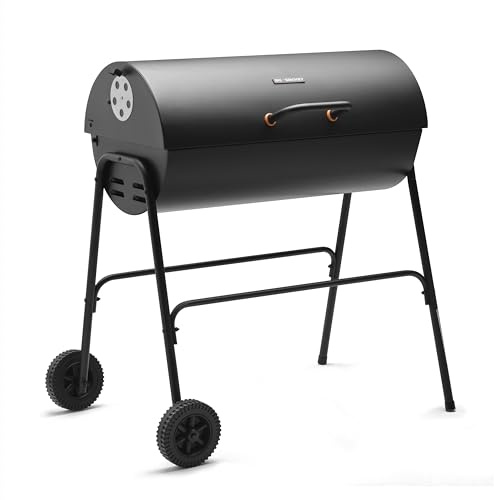 Big Smokey Charcoal Barrel BBQ – Portable Barbecue with Warming Rack, Wheels, Large Porcelain-Coated Steel Non-Stick Cooking Grill, Air Vents – 2 in 1 Barbeque and Smoker