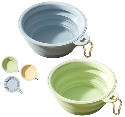 2 Stück Faltbarer Hundenapf 1000ml, Auslaufsicherer fressnapf Hund mit Karabiner,Robust und langlebig, Tragbarer Reisenapf für Haustiere, Hundetrinknapf faltbar,für Unterwegs, Wandern (Blau+Grün)