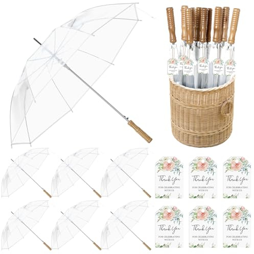 Cosblank 6 Pcs Wedding Umbrellas Bulk 41 Inch Wedding Stick Umbrellas with Wooden Handle for Bride Groom Photography Birthday Outdoor Interactive Events Guest Gifts
