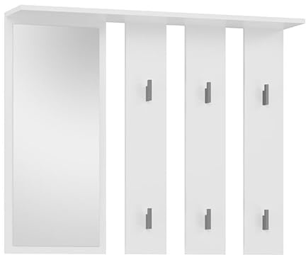 BDW - Wandgarderobe - Garderobe Wand - Wandpaneel mit Spiegel und Ablage - Flurgarderobe Hängend Modern mit Haken - Wandhaken, Kleiderhaken - Weiß Parma - 15x100x81,5cm