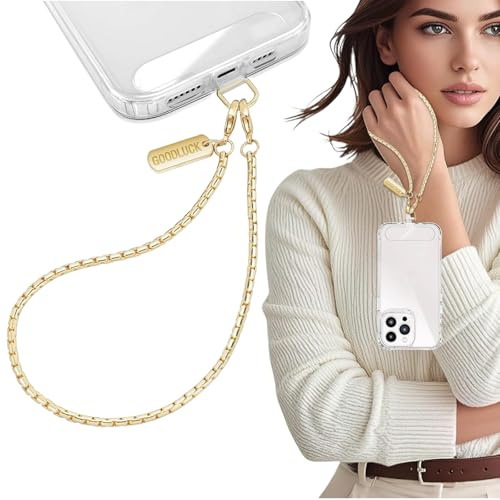 VelvetGlow Phone Wrist Strap, Metal Phone Chain Wristlet Strap, Removable Mobile Lanyard Wrist with Tether Tab, Hands-Free iPhone Charm for Women Girls Party Travelling Shopping, Gold