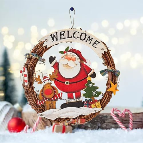 Christmas Santa Wreath Decoration, 29cm Rattan Xmas Wreath, Santa, Elk & Christmas Tree Ornaments Outdoor Front Door Hanging Pendant, Winter Garland for Wall Home Indoor Outdoor Xmas Decor