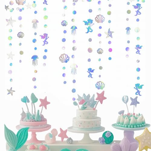 52Ft Mermaid Party Decorations – Iridescent Under the Sea Garland with Jellyfish Seashell Bubble Starfish – Tropical Summer Hawaiian Beach Party Supplies for Kids Birthday Baby Shower Wedding