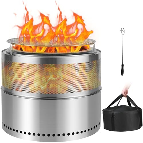 SMOOL 50 cm rökfri eldskål med grillgaller + förklädeskrok + universalväska, avtagbar asklåda, eldstad i rostfritt stål för terrass, trädgård, camping och utomhus, bärbar, rökig