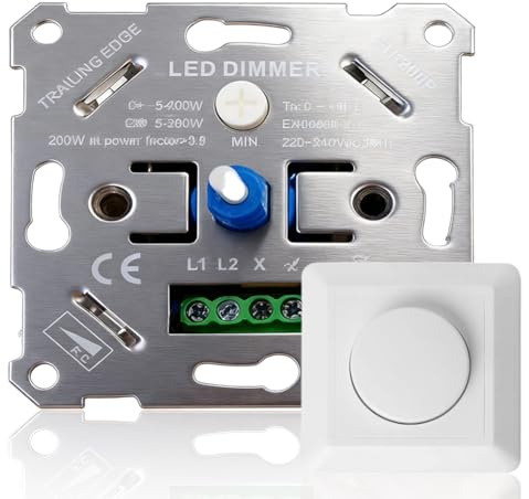 LED Dimmer Schalter 230V Dimmer inkl. Weiße Abdeckplatte Drehdimmer Unterputz Dimmschalter für Dimmbare LED-Lampen und Halogenlampen 5–200 W LED Dimmer