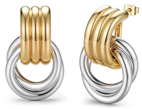 925 Silber Stecker Two-Tone Klobig Creolen Ohrringe Schmuck | 1 Paar 16K Vergoldete Cluster Knoten Ohrringe für Damen, Paperclip Dangle Huggie Piercing fürs Ohr