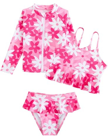 WYTbaby Traje de baño de 3 piezas para niñas, conjunto de camiseta de protección solar de manga larga con volantes y pantalones cortos tankini para niñas de 3 a 9 años, 7-8 años