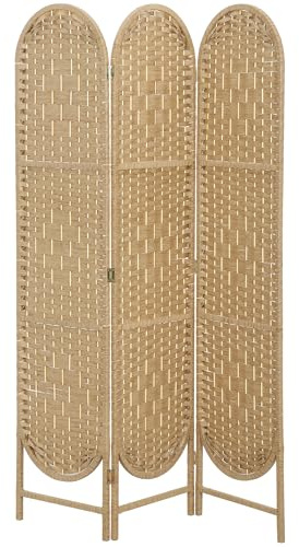 HOMCOM Paravent Interieur Ovale 3 Panneaux 120 x 170 cm séparateur de pièce Pliable, léger et tissé, Style bohème, cloison de séparation pour Salon Chambre à Coucher Maison, Bois Naturel