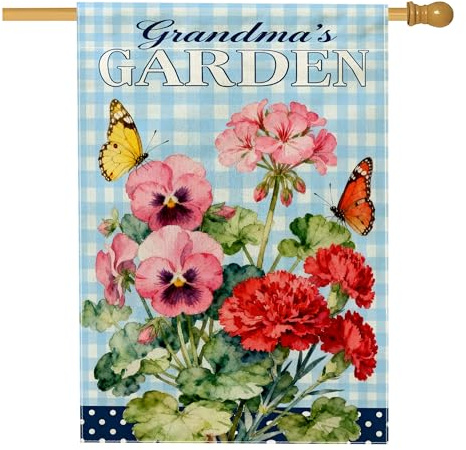 Bandera de mariposa para casa, diseño floral de geranio pensamiento, primavera, azul de doble cara, banderas decorativas para porche exterior para césped al aire libre, patio, entrada, 28 x 40