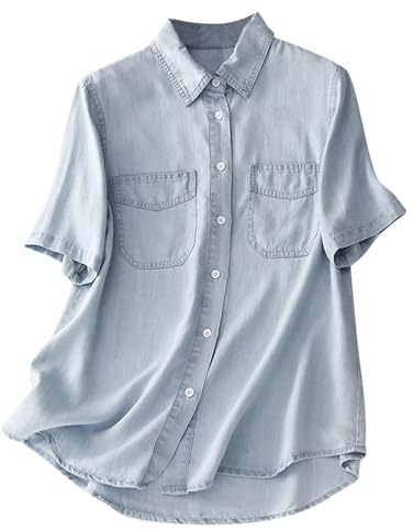 Denim skjorta kvinnor trendig kortärmad krage jeans t-shirt ledig lätt lös passform denim overshirt damer Chambray blusar smart vardaglig kontor arbetskläder cowboy västerländska toppar, Ljusblått, XL