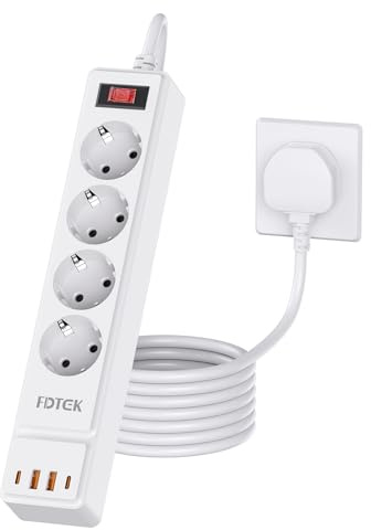 4 Way European to UK Plug Adaptor, EU to UK Plug Adapter with 4 AC Outlets, 2 USB-C Ports & 2 USB-A Ports, 2 Pin to 3 Pin Adapter Plug UK Travel from France, Italy, Spain, Germany, Poland