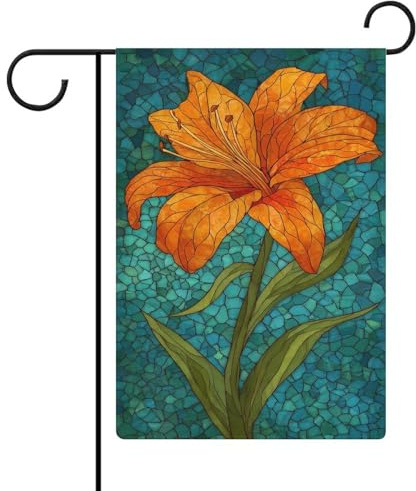 Drapeau de jardin style vitrail, pétales de lys orange, décoration de jardin pour les fêtes, maison ou cour, double face, 30 x 45 cm