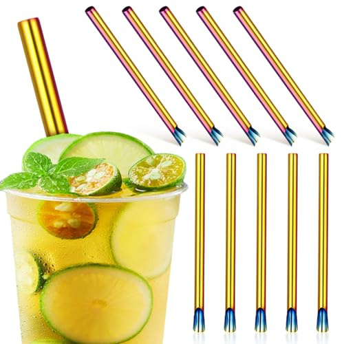 Yardwe 10 StüCk Edelstahl Strohhalme Mit LöFfel, Wiederverwendbar Extra Breit FüR Bubble Tea Smoothies Kaffee Saft