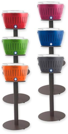 Glutdepot Classic Standgrill-Set: Grillständer, raucharm, Pflaumenlila | LotusGrill Classic G340: Grillständer-Set mit 2 Tischplatten, Rost Ø 32 cm, für 5 Personen, Aktiv-Lüfter, Batterie/USB-Kabel