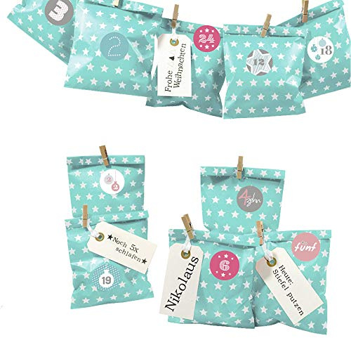 Frau WUNDERVoll® DIY Adventskalender zum Befüllen Bescherung, türkis mint Sterne Papiertüten 13x16,5cm, Ziffern pastell/Weihnachten Aufkleber Kalender Kinder Geschenkbeutel