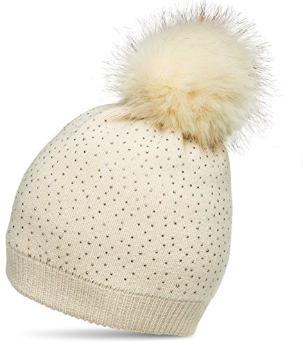 Caspar MU191 Damen Fein Strick Winter Mütze mit Fellbommel und dezentem Glitzer Strass
