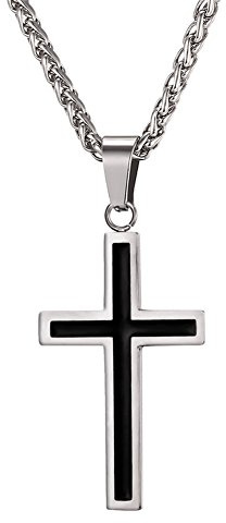 U7 Collier Homme Croix Simple Chaîne et Pendentif Chrétien Bijoux en Acier Inoxy et Émaillié Noir pour Garçon 4 Choix Disponible