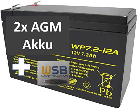 2X AGM 12V 7,2Ah Blei-Akku WP7.2-12 VDs Akku, Faston 4,8mm inkl. 2X Anschluß-Adapter
