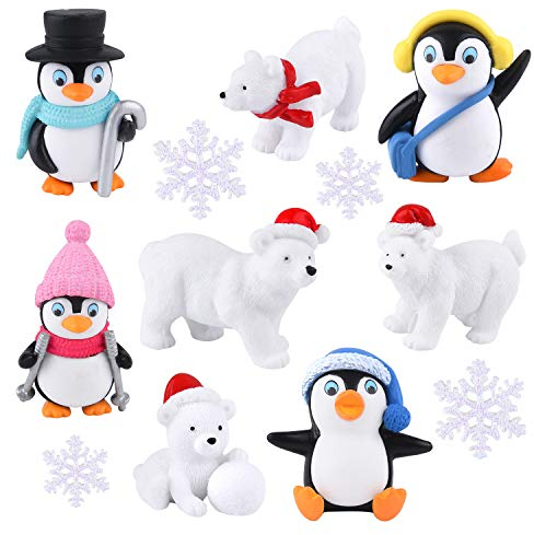 FEPITO 12 Pcs d'hiver Résine Pingouin Ours Polaire Flocons De Neige Miniature Figurine Jouet Mini Figurines De Noël pour DIY Jardin Décor de Noël Ornements