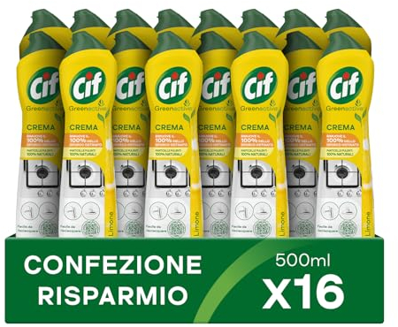 Cif Crème, nettoyant pour surfaces dures, format 16 pièces de 500 ml, idéal sur graisse entartrée, résidus de nourriture brûlée et taches de calcaire, avec particules nettoyantes 100% naturelles,