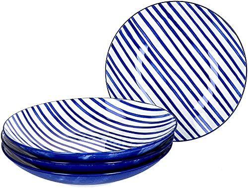 Ritzenhoff & Breker 4-teiliges Suppenteller-Set Seaside I Teller-Set für 4 Personen I Soup Bowl mit Streifen Dekor I Hochwertiges Geschirr-Set I 4 Porzellanteller mit Ø 21,5 cm & 450 ml