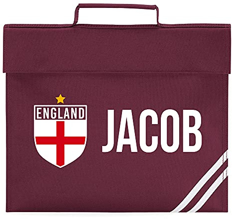 Purple Print House Boys Personalised Book Bag - England Flag Badge Custom Name Book Bag - Personalised Back to School Football Soccer Gift Idea for School Boy - Cool Unique Sport Hobby, Burgundy