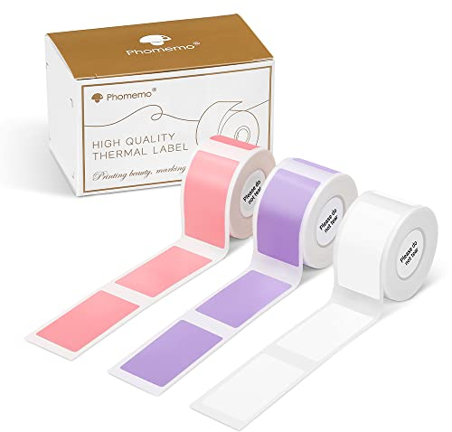 Phomemo D50 Thermoetikett, 3 Rollen selbstklebendes Etikett, 20 mm x 40 mm, kompatibel mit Phomemo D50 Etikettendrucker, für Zuhause, Schule, 150 Etiketten/Rolle, 3 Rollen (Weiß, Rosa, Lavendellila)