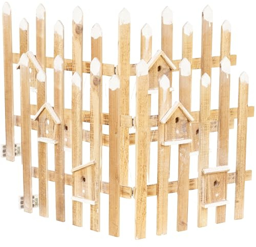 URBNLIVING Pre Lit LED Light Up Wooden Snow Topped Christmas Tree Picket Fence | Xmas Tree Skirt Stand Border Fence Decoration (2, 98cm L x 4cm D x 57cm H)