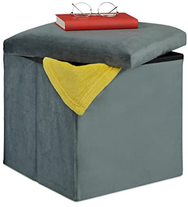 Relaxdays Sitzhocker, Sitzwürfel mit Stauraum, HxBxT: 38 x 38 x 38 cm, faltbar, Polsterhocker aus MDF & Samt, dunkelgrau