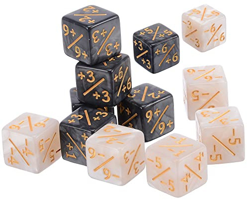 Contadores de Dados,12 PCS Token Dice D6 Loyalty Dice Set Negro + 1/+ 1 & Blanco -1/-1 Dados de Lealtad Cubo de Dados D6 Compatible con MTG CCG Card Gaming Accesorio