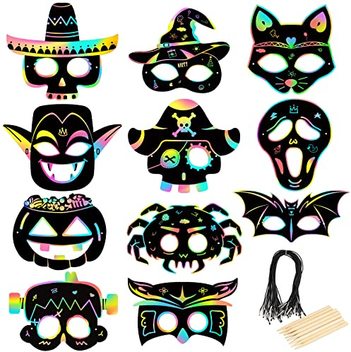 LANMOK 22 Stück Halloween Kratzmasken Regenbogen Scratch Art Masken Halloween Kratzbilder Basteln für Mädchen Jungen Geschenk Kinder DIY Partybedarf Cosplay Requisit