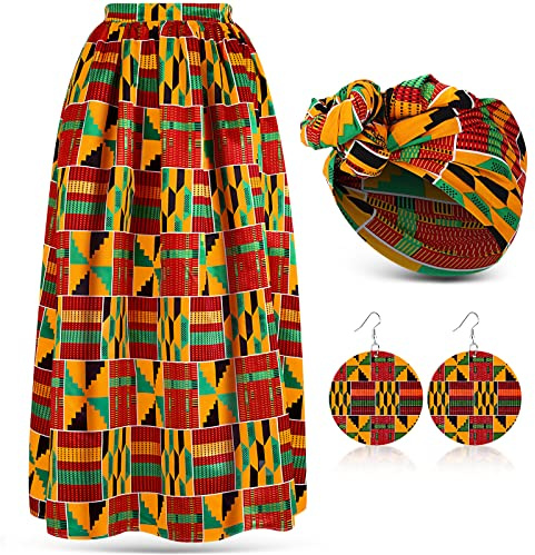 Haysandy 3 Pcs Women African Printed Maxi Skirt with Pockets Set Casual Stretch Head Wrap Scarf Drop Dangle Earrings, Classic Style, S