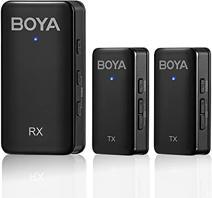 Boya Micrófono Lavalier inalámbrico para cámara, batería de 20 horas, cancelación de ruido, doble canal, mini micrófono de solapa con clip para DSLR, grabación, vlog, transmisión en vivo, 2