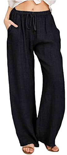 CheChury Pantalon Lin Femme Été Décontractés Pantalons Mode Coton Chanvre Confortable Jogging Plage Rétro Pants Taille Elastique Pantalon avec Poches,Noir,L