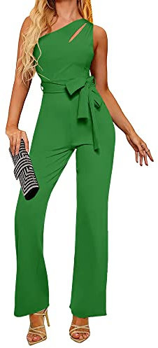 AUXDIO Damen-Jumpsuit für den Sommer, einschultrig, elegant, lässig, ärmellos, hohe Taille, Gürtel, weites Bein, A Green, Small