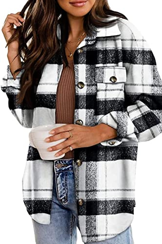 Jhsnjnr Camicie da donna in flanella a quadri oversize a maniche lunghe scozzese con bottoni giacche shacket, Plaid Nero-Bianco, XXL