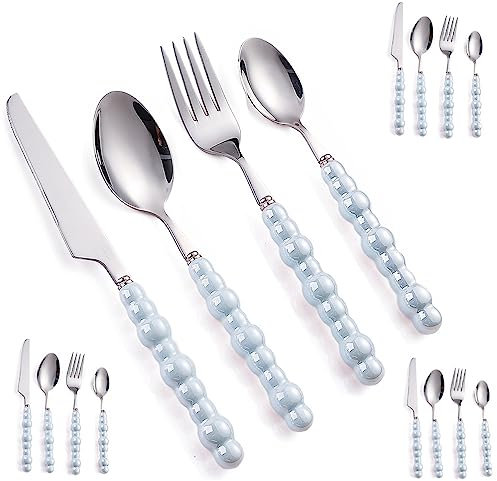 16 Pezzi Creativo Perla Manico In Ceramica Cucina Acciaio Inossidabile Argenteria Posate Posate Set Di Posate Per 4 Persone ， Creativo Hotel Casa Coltello Da Bistecca Cucchiaio Da Dessert (Blu)