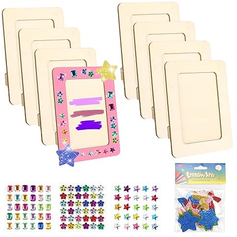 prota Bilderrahmen Bastelset, 8 PCS Holzfarbe Bilderrahmen DIY Rechteckige Bastelrahmen Set Fotorahmen Kinder, mit Glitzersteine Glitter Moosgummi Sticker für Geburtstage Jubiläen