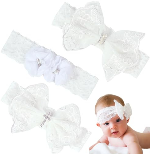 Bandeaux à Fleurs pour Bébé,Forreen 3 Pièces Filles Bandeaux Élastique Double Dentelle Mignon Arc Bébé Couvre-Chef Belle Élégance Accessoires pour Filles pour Fêtes Les Mariages Séance Photo