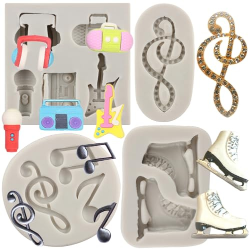 MYPRACS Music Note Silicone Mould Ice Skates Fondant Moulds Boombox Microphone Radio Guitar Mould for Disco Party Cake Decorating Cupcake Topper Candy Polymer Clay Chocolate Gum Paste Set of 4