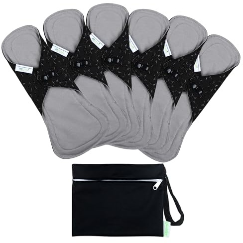 wegreeco 6 Pcs Reusable Menstrual Pads, Ultra Absorbent Cloth Pads for Heavy Flow, Sanitary for Teens, Women, Nonslip, Grey Inner, Black Outer, Small
