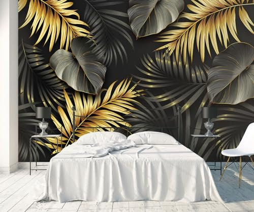 Papier Peint Panoramique 300x210cm Feuilles D'Or Noir Papier Peint Intissé 3D Murale Tableaux Muraux Tapisserie Salon Chambre Chambre