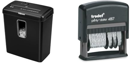 Fellowes Aktenvernichter 6 Blatt Partikelschnitt (P4) & Trodat Printy 4817 Wortbanddrehstempel, Datum Plus 12 Texte – Selbstfärbend, Abdruck schwarz, 47 x 4 mm