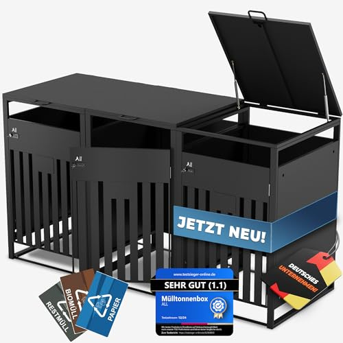 ALL Premium Mülltonnenbox 3er – Abschließbar & wetterfest, für Garten, Hof & Straße, beliebig erweiterbar, legierter Stahl robust & langlebig