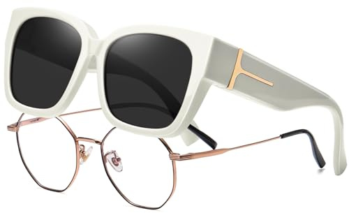 KANASTAL Cubre Gafas de Sol Blancas Superpuestas Mujer y Hombre Grandes Polarizadas Cuadradas Sobrepuestas Carretera Vintage White Fit Over Sunglasses UV400 - Lentes Negras y Montura Blanco