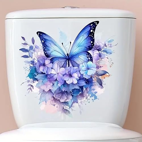 Autocollant mural imperméable pour abattant de WC Motif fleur et papillon Violet